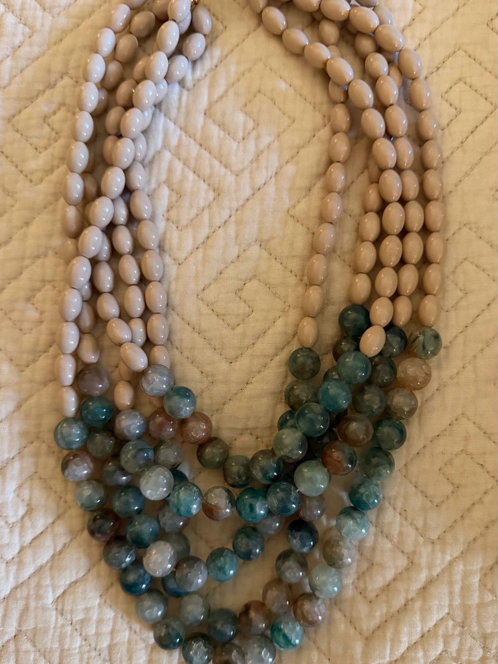 Multi-Strand Beige and Teal Glass Bead Necklace